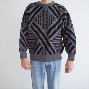 Vintage Toscano Gray Geometric Pattern Sweater Eclectic Grandpa Retro Mens 3D L